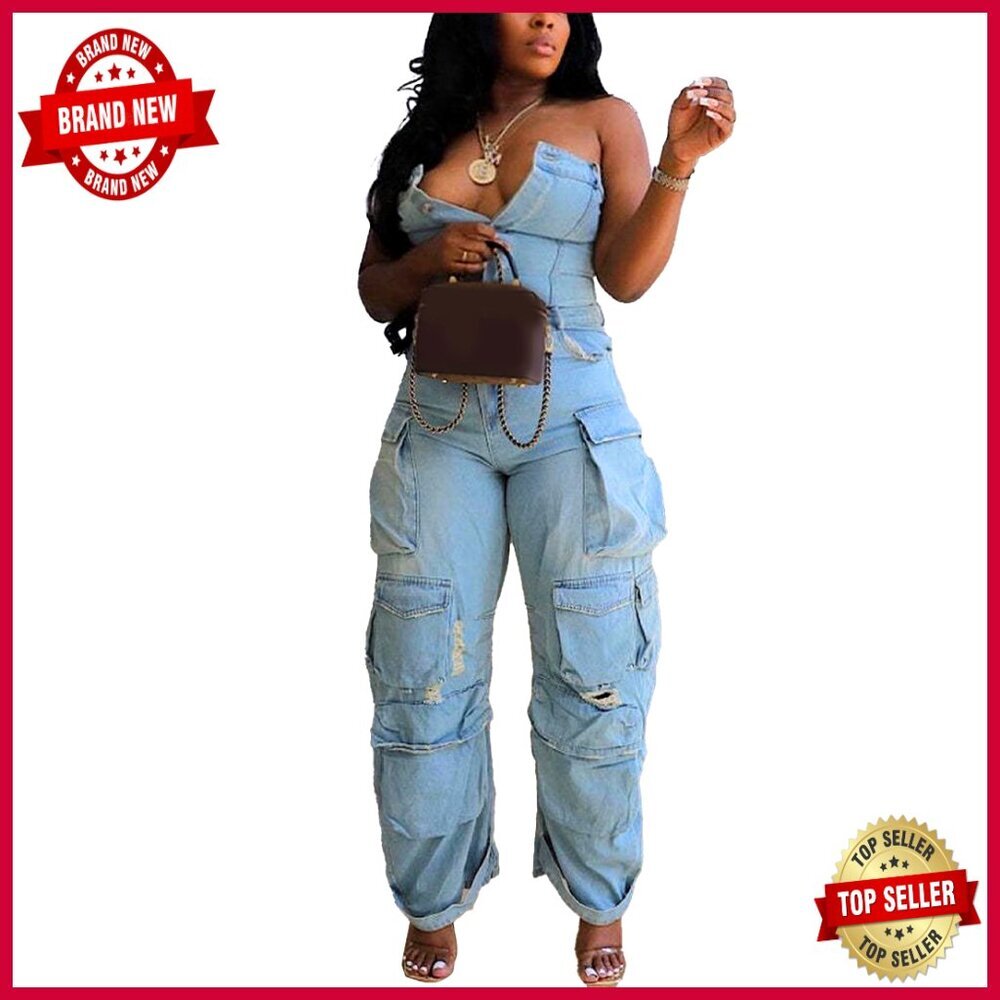 Women's Denim Strapless Jumpsuit High Waisted Cargo Pants One Piece Romper